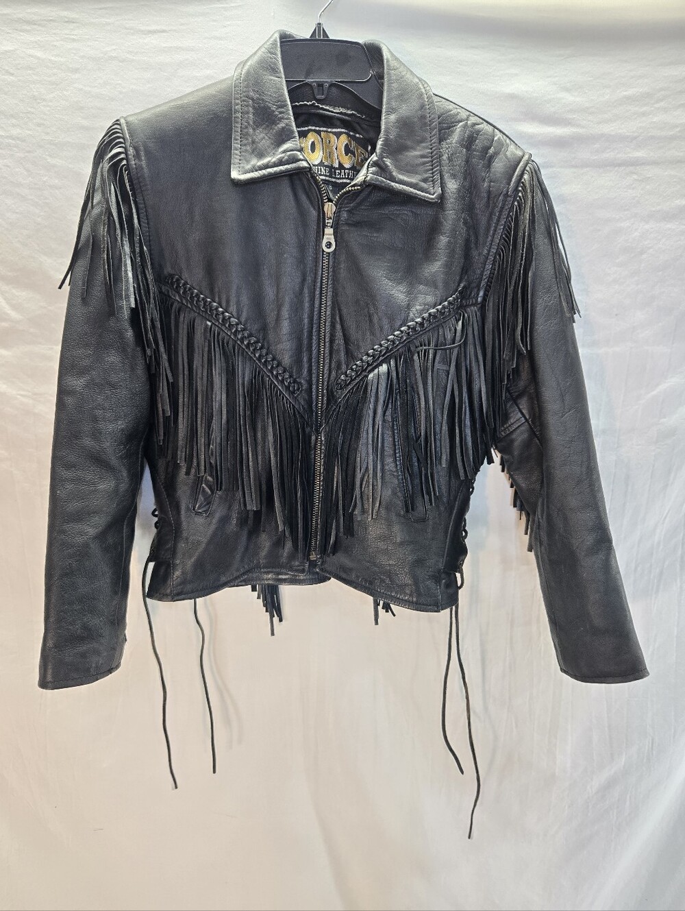 Vintage 90s Force Women 8 Medium Black Leather Motorcycle Jacket Tassle Fringed